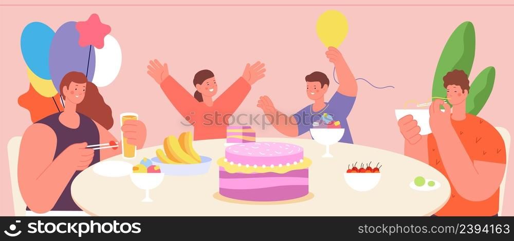 Birthday party. Family celebrating, woman man and children eating together. Happy home time, lunch or dinner. Festive food and drinks, vector illustration. Party family birthday celebration. Birthday party. Family celebrating, woman man and children eating together. Happy home time, lunch or dinner. Festive food and drinks, vector illustration