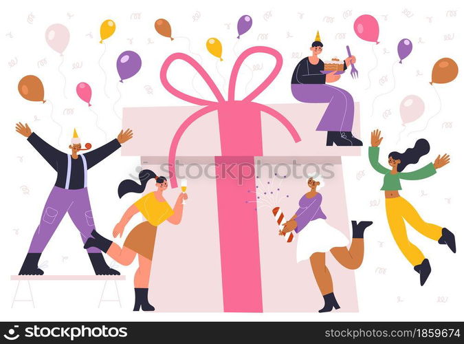 Birthday party holiday celebrating people and huge gift box. Your joyful celebrating people with confetti and balloons vector illustration. Happy Birthday party celebrating. Birthday present and gift. Birthday party holiday celebrating people and huge gift box. Your joyful celebrating people with confetti and balloons vector illustration. Happy Birthday party celebrating