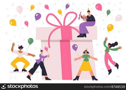 Birthday party holiday celebrating people. Happy boys and girls in festive hats with colorful balloons and giant gift box. Female and male characters having celebration and entertainment vector. Birthday party holiday celebrating people. Happy boys and girls in festive hats with colorful balloons and giant gift box