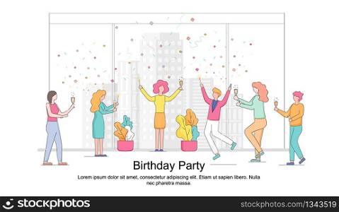 Birthday Party Horizontal Banner with Copy Space. Office Employees Congratulating Colleague Woman. Holiday Celebration at Workplace. Cheerful People Drinking. Linear Cartoon Flat Vector Illustration.. Office Employees Congratulating Colleague Woman.