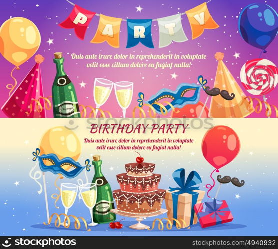 Birthday Party Horizontal Banners. Birthday party colorful horizontal banners with festive accessories sweet treats champagne wine glasses and gifts flat vector illustration