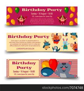 Birthday party horizontal banners template with cute cartoon animals. Vector illustration. Birthday party horizontal banners template with cute cartoon animals
