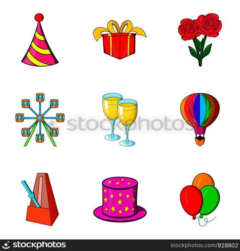 Birthday party icon set. Cartoon set of 9 birthday party vector icons for web design isolated on white background. Birthday party icon set, cartoon style