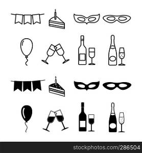 Birthday party icons collection - party silhouette and line icons set. Vector illustration. Birthday party icons collection - party silhouette and line icons set