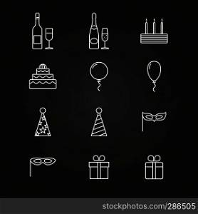 Birthday party icons on chalkboard. Vector fun celebration event linear signs. Birthday party icons on chalkboard