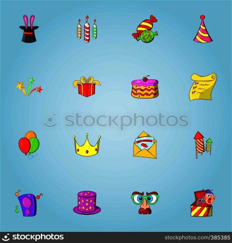 Birthday party icons set. Cartoon illustration of 16 birthday party vector icons for web. Birthday party icons set, cartoon style