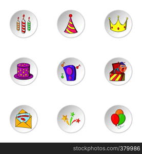 Birthday party icons set. Cartoon illustration of 9 birthday party vector icons for web. Birthday party icons set, cartoon style