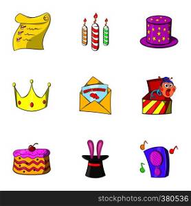 Birthday party icons set. Cartoon illustration of 9 birthday party vector icons for web. Birthday party icons set, cartoon style