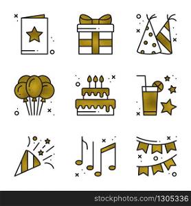 Birthday party icons set in gold. Golden birthday symbols and basic party elements on white background. Holidays, event, carnival, festive concept theme. Vector illustration in line style. Birthday party icons set in gold. Golden birthday symbols and basic party elements on white background. Holidays, event, carnival, festive concept theme. Vector illustration in line style.