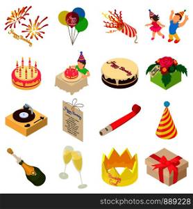 Birthday party icons set. Isometric illustration of 16 birthday party vector icons for web. Birthday party icons set, isometric style