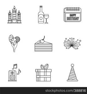 Birthday party icons set. Outline illustration of 9 birthday party vector icons for web. Birthday party icons set, outline style