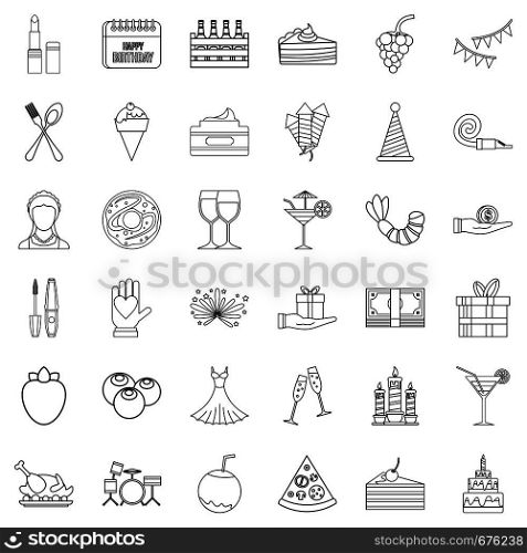 Birthday party icons set. Outline style of 36 birthday party vector icons for web isolated on white background. Birthday party icons set, outline style