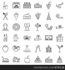 Birthday party icons set. Outline style of 36 birthday party vector icons for web isolated on white background. Birthday party icons set, outline style
