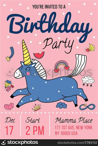 Birthday party invitation poster in hand drawn style with magic unicorn and date vector illustration . Birthday Party Invitation Poster