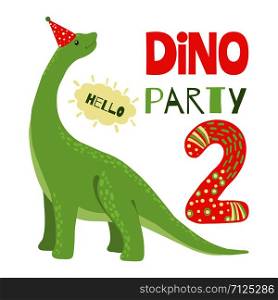 Birthday Party Invitation with cute dinosaur brontosaurus and number two. Vector illustrations.. Vector Birthday Party Invitation with cute dinosaur.
