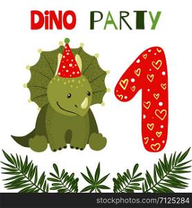 Birthday Party Invitation with cute dinosaur triceratops and number one. Vector illustrations.. Vector Birthday Party Invitation with cute dinosaur.