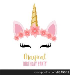 Birthday party invitation with unicorn and flowers. Great for badge, card, greeting, baby birthday party, t-shirt, banner, invitation template. Isolated on white background. Vector.
