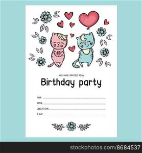 BIRTHDAY PARTY INVITE Cats Text Banner Cartoon Vector Sketch