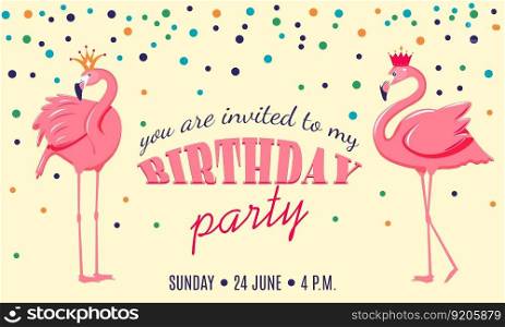 Birthday Party invite design template with flamingo and confetti. Vector illustration. Birthday Party invite design template with flamingo and confetti.