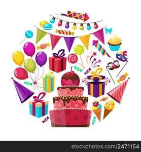Birthday party isolated cartoon symbols round composition with cake presents balloons and garland on blank background vector illustration. Birthday Elements Round Composition