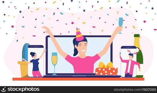 Birthday party online, Conference on a laptop. Quarantine, self-isolation during a pandemic. Online party with laptop and drink. Vector illustration in flat style.. Birthday party online,