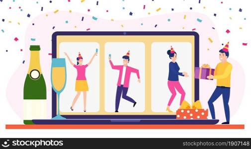 Birthday party online, Conference on a laptop. Quarantine, self-isolation during a pandemic. Online party with laptop and drink. Vector illustration in flat style.. Birthday party online,