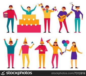 Birthday party participants in cartoon style, men and woman celebrating birthday together, girl in festive cap, with balloons and decorative flags vector. Birthday Party Participants Cartoon Style, People