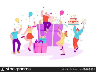 Birthday party people. Woman man dancers celebration with balloons gifts and confetti. Holidays congratulations, happy event in company kicky vector characters. Illustration of birthday dancer party. Birthday party people. Woman man dancers celebration with balloons gifts and confetti. Holidays congratulations, happy event in company kicky vector characters