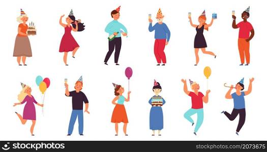 Birthday party people. Women celebrating, together joy with balloons. Office event characters, happy celebration flat fun person decent vector set. Illustration party birthday people, woman and man. Birthday party people. Women celebrating, together joy with balloons. Office event characters, happy celebration flat fun person decent vector set