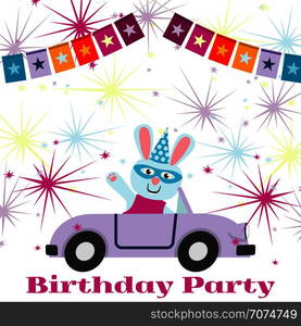 Birthday party postcard background template with bunny in the car fireworks and banners. Vector illustration. Birthday party postcard background template with bunny