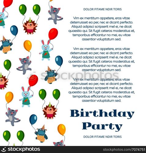 Birthday party poster or invitation with cute cartoon animals and flight balloon. Vector illustration. Birthday party poster or invitation with cute cartoon animals and flight balloon