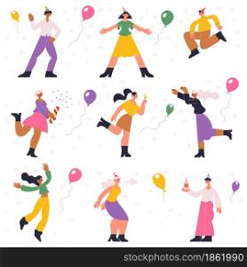 Birthday party preparation, celebration, dancing, happy characters. People having fun, celebrating with confetti and balloons vector illustration set. Fun festive people celebration at party. Birthday party preparation, celebration, dancing, happy characters. People having fun, celebrating with confetti and balloons vector illustration set. Fun festive people