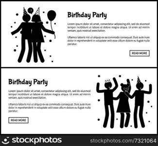 Birthday party promotional monochrome banners set with black silhouettes of men and women who have fun isolated cartoon flat vector illustrations.. Birthday Party Promotional Monochrome Banners