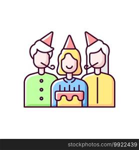 Birthday party RGB color icon. Surprise celebration for children. Special occasion for anniversary congratulation. Greeting event to friends, family member. Isolated vector illustration. Birthday party RGB color icon