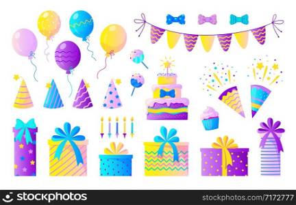 Birthday party set. Decorative elements for children party, colorful confetti balloons candles and birthday presents. Vector set sweet elements celebration out food. Birthday party set. Decorative elements for children party, colorful confetti balloons candles and birthday presents. Vector set