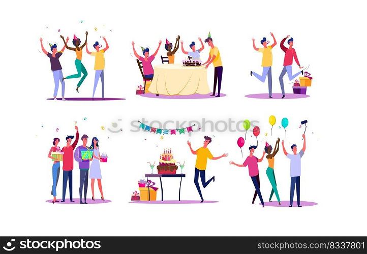 Birthday party set. Friends celebrating, dancing, having fun, holding gifts. Flat vector illustrations. Holiday, festive event concept for banner, website design or landing web page