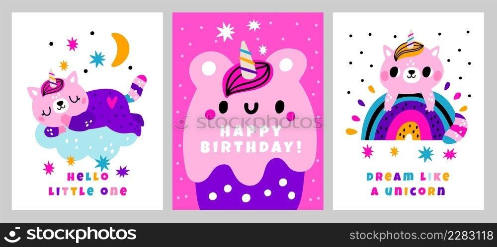 Birthday party sweets greeting cards. Funny bright unicorn kittens with cake and rainbow. Baby gifts. Cute pink magic animals. Magic fairy tale characters. Kawaii cats. Vector holiday postcards set. Birthday party sweets greeting cards. Funny unicorn kittens with cake and rainbow. Baby gifts. Pink magic animals. Magic fairy tale characters. Kawaii cats. Vector holiday postcards set