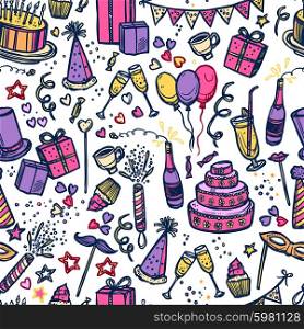 Birthday party time seamless pattern. Birthday celebration party time attributes symbols and accessories colorful pictograms seamless tileable paper pattern abstract vector illustration. Editable EPS and Render in JPG format