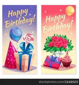 Birthday party vertical banners with air balloons bouquet of flowers cake and gift box decorative icons flat vector illustration . Birthday Party Vertical Banners