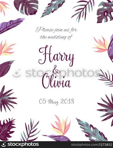 Birthday, party, wedding invitational template with tropical leaves. Invitation template with tropical leaves