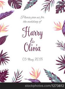 Birthday, party, wedding invitational template with tropical leaves. Invitation template with tropical leaves