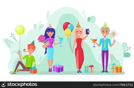 Birthday party with friends vector, woman with balloons wearing cap taking selfie with phone. Man with wine glass of alcoholic drink in hand flowers. Birthday Celebration Festive Mood of People Vector