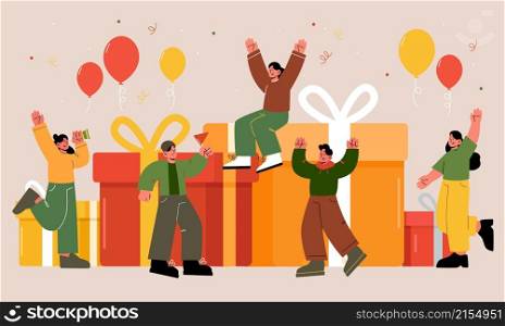 Birthday party with group of happy people, big gift boxes, confetti and balloons. Vector flat illustration of friends celebrate holiday together. Men and women have fun with presents. Birthday party with happy people and gift boxes