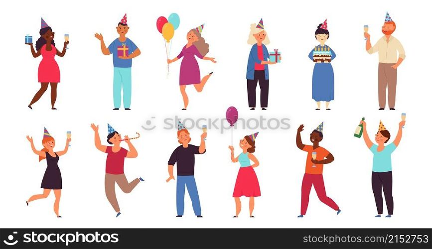 Birthday people. Flat anniversary party, person holding balloon and cake. Woman friends, corporate greetings celebration decent vector characters. Illustration party birthday holiday, woman and man. Birthday people. Flat anniversary party, person holding balloon and cake. Woman friends, corporate greetings celebration decent vector characters