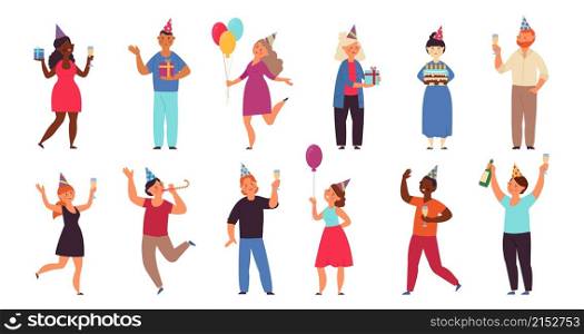 Birthday people. Flat anniversary party, person holding balloon and cake. Woman friends, corporate greetings celebration decent vector characters. Illustration party birthday holiday, woman and man. Birthday people. Flat anniversary party, person holding balloon and cake. Woman friends, corporate greetings celebration decent vector characters