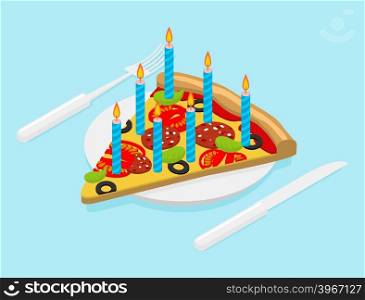 Birthday Pizza with candles isometrics. Fast food for Festive. Cutlery knife and fork. holiday meal