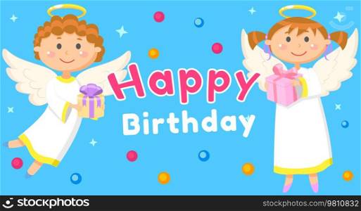 Birthday postcard with cute angels holding presents. Children in angel costumes with gifts. Cartoon characters with wings on happy birthday greeting card. Small spiritual beings holiday congratulation. Postcard with cute angels holding presents. Cartoon characters on happy birthday greeting card
