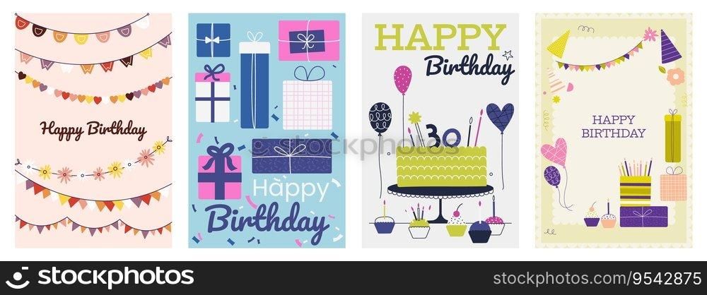 Birthday postcards. Happy celebration cards with funny text and cute animals, funny greeting card with text and cartoon icons. Vector collection. Festive holiday, balloons for entertainment. Birthday postcards. Happy celebration cards with funny text and cute animals, funny greeting card with text and cartoon icons. Vector collection