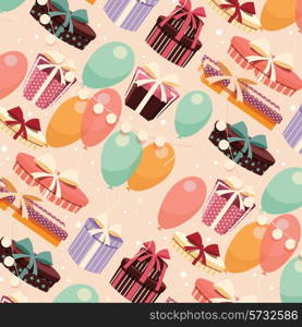 Birthday seamless background with presents and balloons, vector illustration