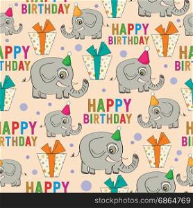 birthday seamless pattern with elephants and gifts, vector format
